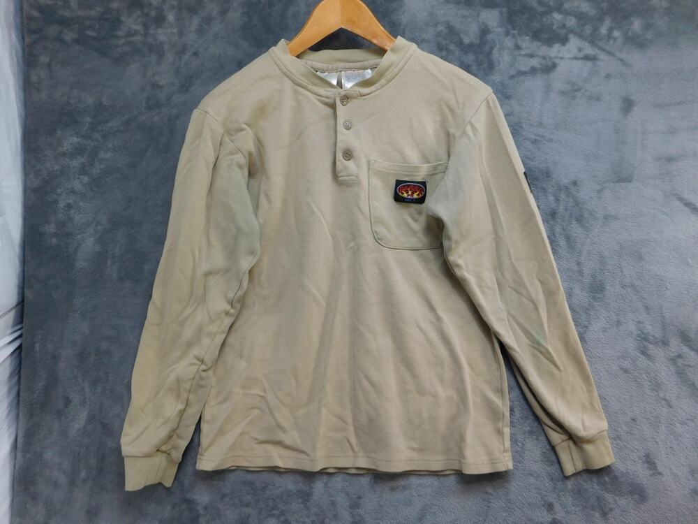 Rasco FR Shirt Mens S Beige Henley Long Sleeve Pocket Heavyweight Cotton